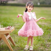 LZH Childrens clothes new girls mesh gauze Pengpeng princess cake skirt doll skirt bow half sleeve palace style bubble sleeve dress skirt