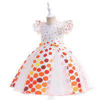 2022 European And American Childrens Dress Medium And Large Children Polka Dot Colorful Girls Forged Cloth Flying Sleeve Umbrella Princess Dress