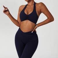 【CW】 Women Yoga Fitness Two Piece Sets Sexy Halter Neck Push Up Bra High Waist Booty Lifting Pant Gym Training Naked-Feel Sports Suit