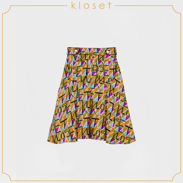 kloset-electric-print-skirt-aw20-s005-เสื้อผ้าแฟชั่น-เสื้อผ้าผู้หญิง-กระโปรงแฟชั่น-กระโปรงบาน-กระโปรงพิมพ์ลาย