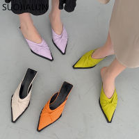 SUOJIALUN Women Slipper Fashion Bow-knot Thin Low Heel Mules Shoes Ladies Elegant Pointed Toe Outdoor Slides Sandals