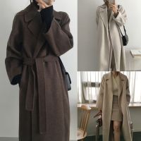 Women Elegant Long Coat with Belt Solid Color Long Sleeve Chic Outerwear Ladies Overcoat Autumn Winter