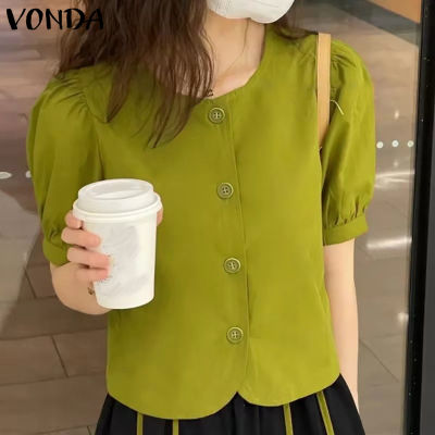 (จัดส่งฟรี)Fancystyle VONDA เสื้อเสื้อยืดคอกลมพองผู้หญิง,เสื้อลำลองแขนสั้นเสื้อขึ้นติดกระดุม