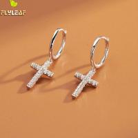 Real 925 Sterling Silver Zircon Cross Hoop Earrings For Women Fashion Female Luxury Jewelry Girl Student Accessories Flyleaf New