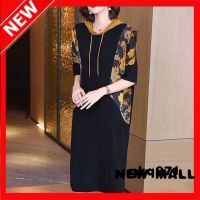 NEW MALL Stitching Three-Quarter Sleeves Hooded Fashion Print Dress MotherS Dress Plus Size A-Line Skirt