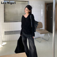 Laz Nigori เสื้อแขนยาวคอวีสีขาวสำหรับผู้หญิงดีไซน์ใหม่ให้ความรู้สึกเหมือนเป็นเสื้อกันหนาวทรงหลวมๆเฉพาะกลุ่ม