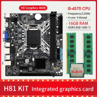 H81-LGA 1150 Kit Motherboard, Core I5-4570 Processor, DDR3, 16GB, 8GB x 2, 1600MHz, PC RAM, Supports USB 3.0, SATA3.0