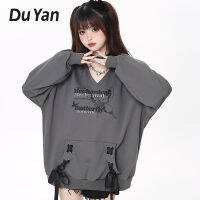 Du Yan เสื้อสเวตเตอร์มีฮู้ดคอวีทรงหลวมลำลองยาวปานกลางแนวสตรีท Cewek Seksi วินเทจมีสายคาดเอวสำหรับผู้หญิงฤดูใบไม้ผลิและฤดูใบไม้ร่วง