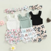 0-18m Baby Girls Clothes Set Ribbed Sleeveless Romper Flower/Rainbow/Butterfly Print Shorts Headband 3pcs Summer Clothes  by Hs2023