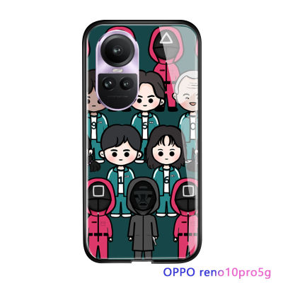 เคสกระจกนิรภัยขอบนิ่มลายการ์ตูนสุดหรู5G ปลอกกันกระแทกกรอบหลังเกมปลาหมึกเกาหลีสำหรับ OPPO Reno10 Pro