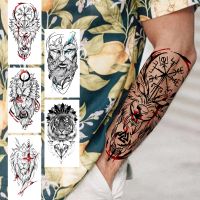 Compass Wolf Temporary Tattoos For Men Women Adult Fake Lion Tattoo Sticker Tiger Black Tribal Body Art Drawings Tatoos Arm Stickers