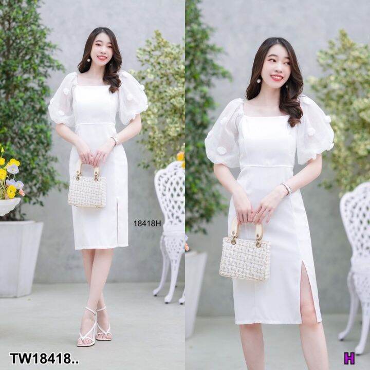 tw18418-เดรสปาดไหล่-แขนปอมๆ-สีพื้น