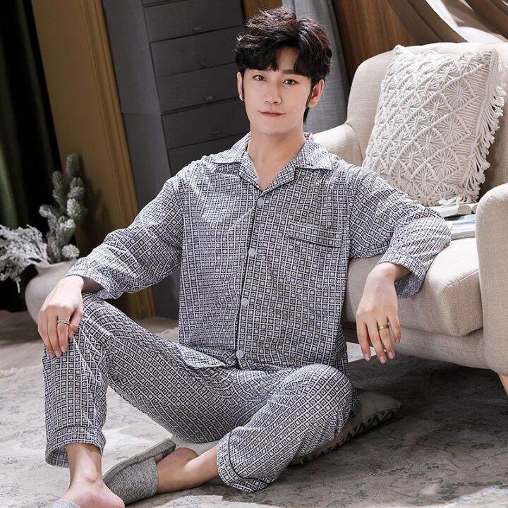 muji-high-quality-pajamas-mens-long-sleeved-summer-thin-cardigan-set-mens-clothes-dad-spring-and-autumn-youth-middle-aged-plus-size-loose-suit