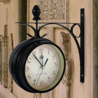 Iron Wall Clock Wrought Iron Antique-Look Round Wall Hanging Double Side Faces Retro Station Clock Chandelier Wall Hanging Clock