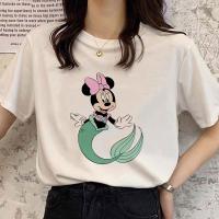 Disney Minnie เมาส์ Cos Little Mermaid Ariel การ์ตูนพิมพ์หญิง Pullover สีขาว Chic เสื้อยืดแฟชั่นลำลองผู้หญิงหลวม Tee S-5XL