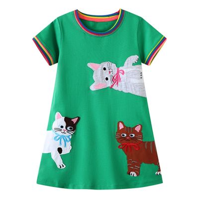 ชุดเดรสสำหรับเด็กผู้หญิง7-8ขวบ,ชุดฤดูร้อนสำหรับเด็กผู้หญิงทารก2023สีเขียวกับแมวเสื้อผ้าแขนสั้นผ้าฝ้ายนุ่มสบายๆสำหรับเด็กอายุ2-7ปี