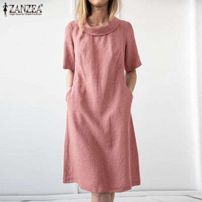 (เคลียร์สต๊อกขาย)(จัดส่งฟรี) Fancystyle ZANZEA ชุดเดรสสั้นผ้าคอตตอนลินินลำลองทรงหลวมสำหรับวันหยุดฤดูร้อนของผู้หญิง #15