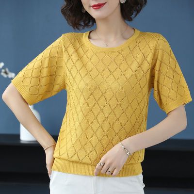 เสื้อยืดแขนสั้นเสื้อถักไหมพรมน้ำแข็งทรงหลวมแขนสั้นแบบสวมหัวสำหรับผู้หญิงสำหรับฤดูร้อนสไตล์เกาหลีใหม่