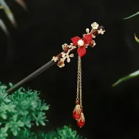 Bride Classical Hanfu Cheongsam Kanzashi Hairpin Red flower Tassel Hair Stick Antiquity Super Fairy Hairpin Hair Clip Cosplay Haberdashery