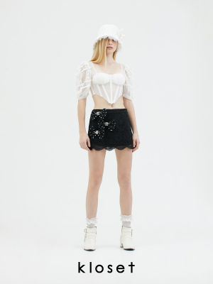 KLOSET Lace Mini Skirt Embellished Ribbon (PF22-S001) กระโปรงเอวต่ำ กระโปรงผู้หญิง กระโปรงผ้าลูกไม้ กระโปรงแต่โบว์ กระโปรงสั้น กระโปรงแฟร์ชั่น