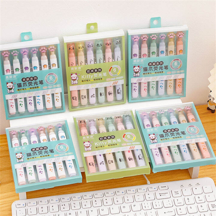 6pcs-box-kawaii-school-supplies-cartoon-cute-student-gift-fluorescent-pen-drawing-art-marker-cat-claw-highlighter