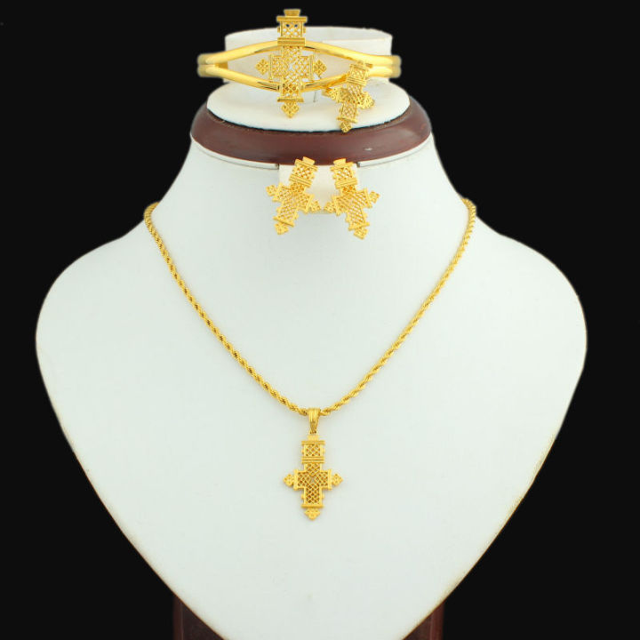 ชุดเครื่องประดับเอธิโอเปียร้อน24k-gold-color-coptic-crosses-ชุดเคนยาไนจีเรียซูดานเอริเทรียhabasha-เครื่องประดับจัดงานแต่งงาน