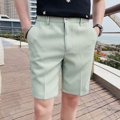 Plus ขนาด38-28แฟชั่นฤดูร้อนวาฟเฟิลกางเกงขาสั้นผู้ชาย2023เข่าเกาหลีความยาว Slim Fit Casual ชุดสำนักงานกางเกงขาสั้น Streetwear