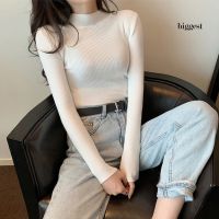 BIG Women Solid Color Knitwear Long Sleeve Mock Neck Ribbed Slim Sweater Blouse