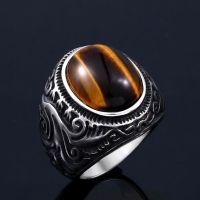 2 Colors Gemstone Mens Vintage Silver Stainless Steel Cincin Turquoise Tigers Eye Rings