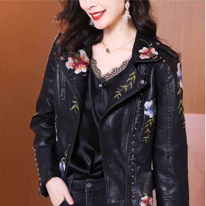 Women's embroidered hot sale leather jacket