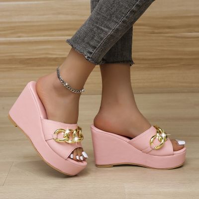 Hot sell Women Slippers Flip Flop for Ladies Round Head Open Toe Casual Outdoor Female Wedge Chain High Heel 2022 New Large Size 35 43