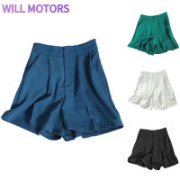 Will Motors กางเกงขาสั้นผู้หญิง,เอวสูงฤดูร้อนสีทึบกางเกงที่มีกระเป๋าขากว้างลำลองตรง