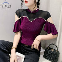 ➦YIMEI เสื้อเต้นรำแขนสั้นสีม่วงเงางามสำหรับผู้หญิง,เสื้อปักหมุดเสื้อเปิดไหล่เซ็กซี่ใหม่สำหรับฤดูร้อน2023เข้ารูปพอดีคอสูงมีสไตล์เสื้อยืดผ้าตาข่ายสวย