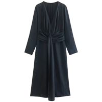 European and American style autumn winter new womens design V-neck black knotted midi dress 0264422 800