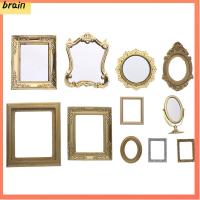 BRAIN DIY สี่เหลี่ยมกลม เครื่องประดับบ้านตุ๊กตา กระจกย้อนยุคจิ๋ว อุปกรณ์ตุ๊กตา มินิโกลเดนเฟรม 1:12 มาตราส่วน