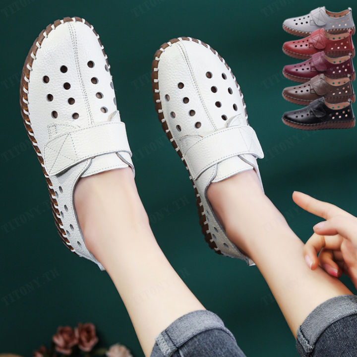 titony-รองเท้าแม่ผู้ใหญ่สไตล์เรียบง่ายในแบบหนังแท้-รองเท้าแตะทรงแบนระบายอากาศสำหรับผู้หญิงที่อายุกลางและชราที่มีรูระบายอากาศ