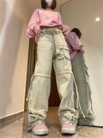 【CW】High Waisted Cargo Y2k Baggy Jeans Stacked Pants Overalls For Women Grunge Vintage Pants With Pocket Ripped Jeans For Women