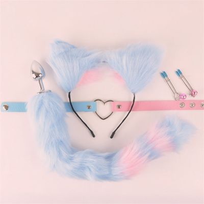 Butt Plug Fox Tail Nipples Clamps Kitten Play Collar Choker Cat Ears Headbands - Starter Cosplay Set for Women/Love Exotic Toys Adhesives Tape