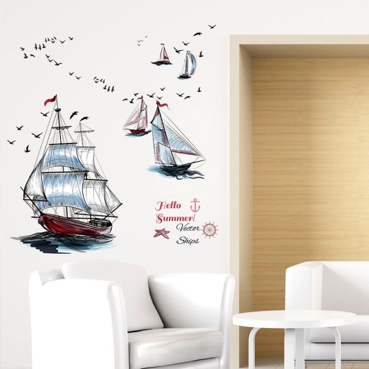 modern-sailboat-ship-seagull-summer-scenery-view-wall-stickers-living-room-garden-bedroom-waterproof-removable-art-decals-mural