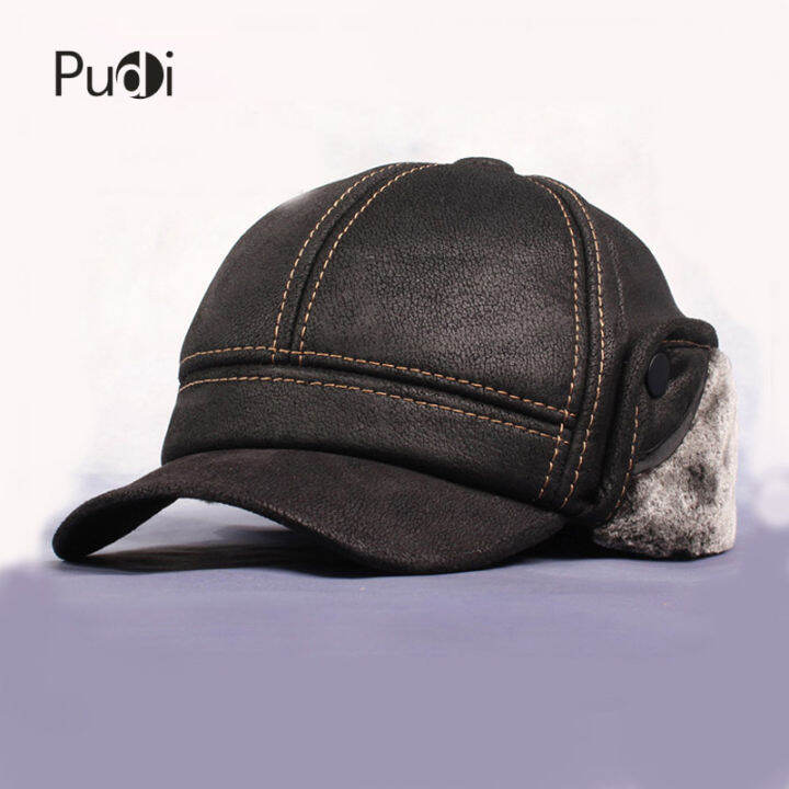 hl083-mens-genuine-leather-baseball-caps-hats-russian-winter-snow-warm-baseball-hat-cap-with-faux-fur-inside-for-old-man