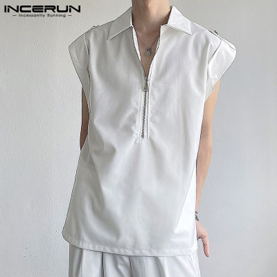 INCERUN เสื้อกล้ามแขนกุดมีซิปสำหรับผู้ชาย,เสื้อกล้ามลำลองทรงหลวมเสื้อยืดเสื้อเบลาส์เสื้อยืด (สไตล์เกาหลี)
