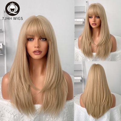 【LZ】☞✖❏  7JHH Wigs Blonde Color Long Straight Synthetic Wig with Bangs Woman Natural Wigs Heat Resistant Fake Hair for Cosplay Girls