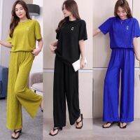 [พร้อมส่ง] พร้อมส่งในไทย เสื้อเซทสีพื้นผ้าย่น เเขนสั้นคอกลบ ขายาว ปักCชำระปลายทางได้จ้า