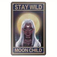 2023 Chic Stay Wild Moon เด็กโลโก้โลหะดีบุกโลโก้วินเทจกะโหลกศีรษะผู้หญิงกุหลาบศิลปะโปสเตอร์โล่บ้านบาร์ผนังตกแต่งห้องนอน