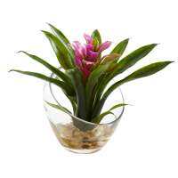 8in ค่ะดอกไม้ประดิษฐ์ Bromeliad เขตร้อนในแจกันประดิษฐ์ทำมุมบ้าน Decroate สีเหลือง