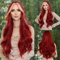 NAMM Long Wavy Middle Part Wine Red Wig for Women Daily Cosplay Party Synthetic Highlight Pink Hair Wigs Lolita Heat Resistant