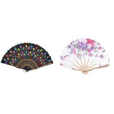 【CW】 Colored Embroidered Flower Pattern Black Cloth Folding Hand Fan For Woman amp; Bamboo Flower Printed Japanese Style