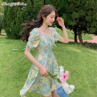 S-2XL Floral Dress Womens Summer New Style Skirt Short-Sleeved Temperament High Waist a-Line French Green Square Neck