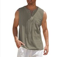 hot【DT】 Cotton Men Top Color Lace-Up V Neck Sleeveless Streetwear Waistcoat Handsome Mens Vests