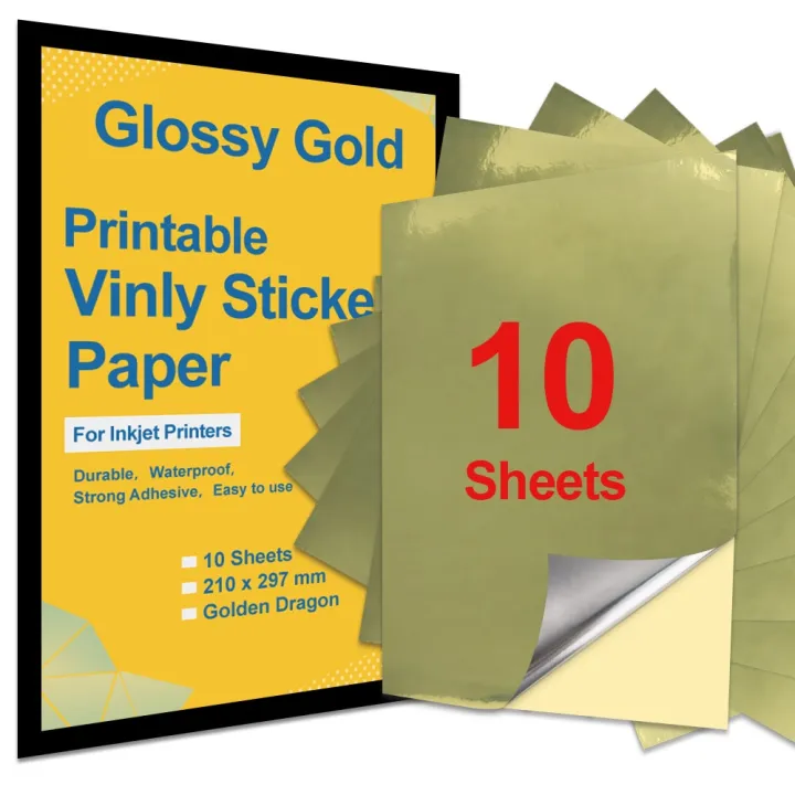 10 Sheets High Glossy Gold A4 Vinyl Sticker Printable Paper Self ...